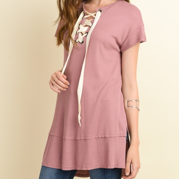 Mauve Waffle Knit Lace Up Tunic 07001 - Picture 3 of 7